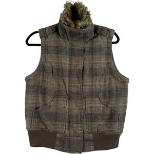 Allen B by Allen Schwartz Women's Size M Brown Plaid Insulated Vest Faux Fur